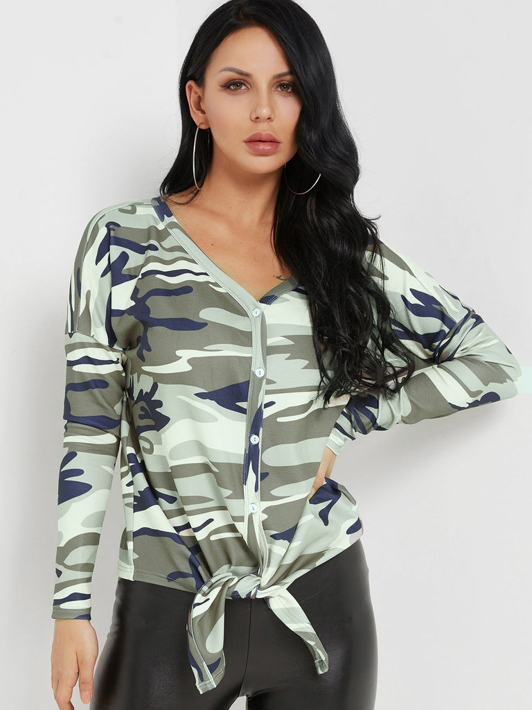 V-Neck Camouflage Tie-Up Long Sleeve Camouflage Top