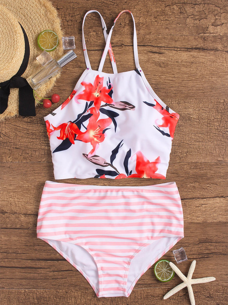 Halter Sleeveless Stripe Floral Print Self-Tie 2 Piece Bikinis