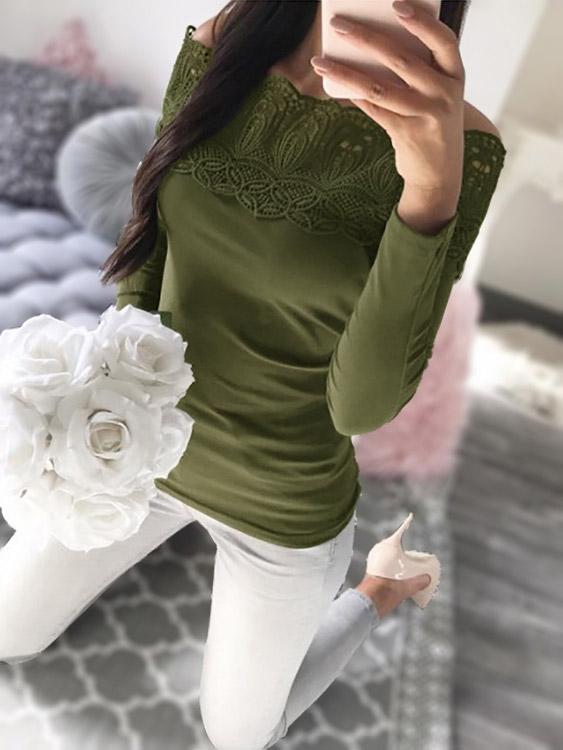 Off The Shoulder Lace Long Sleeve Bodycon Hem Army Green Top