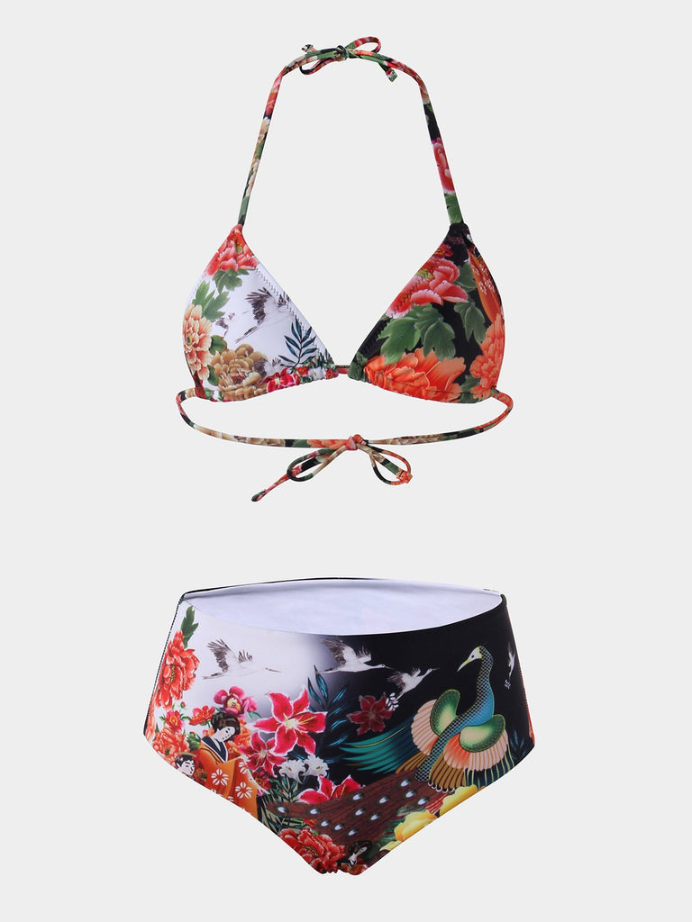 V-Neck Sleeveless Printed Backless Two Piece Bikini