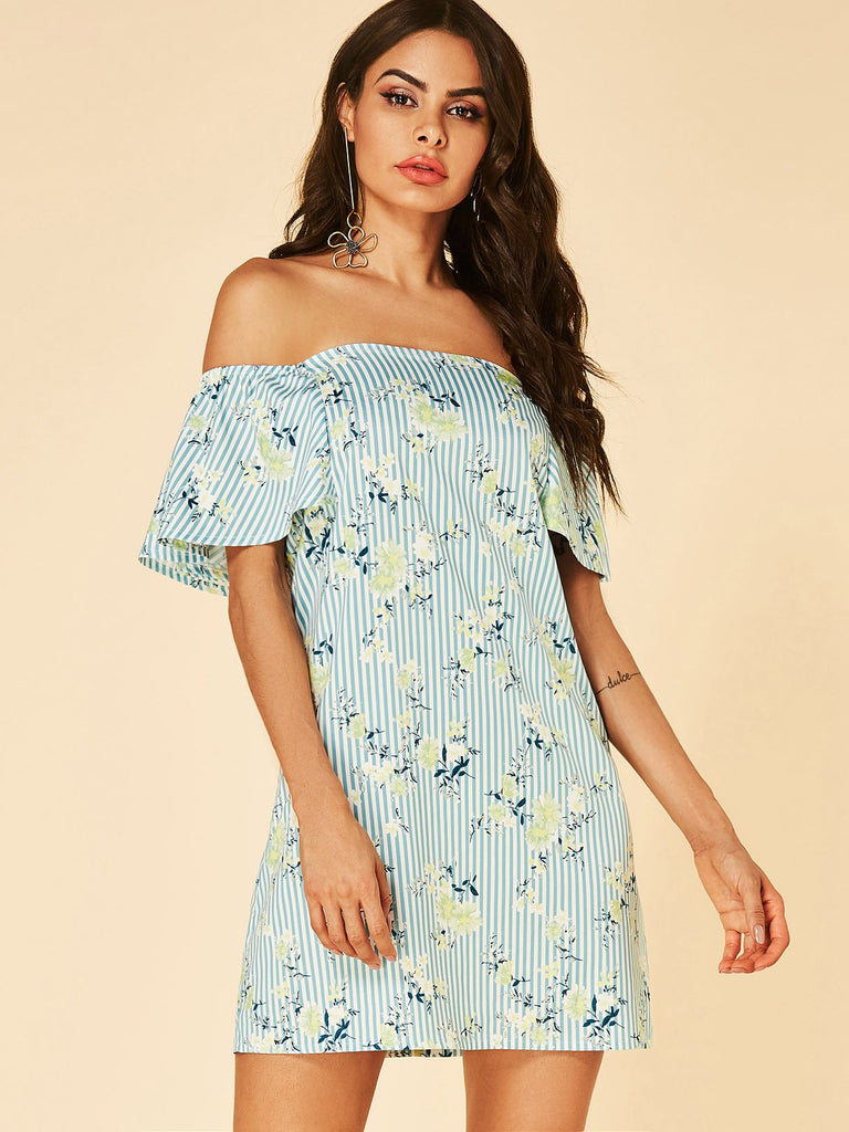 Blue Off The Shoulder Short Sleeve Stripe Floral Print Dresses