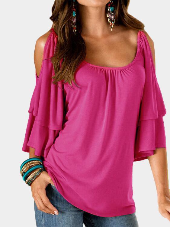 Round Neck Cold Shoulder Tiered Half Sleeve T-Shirts