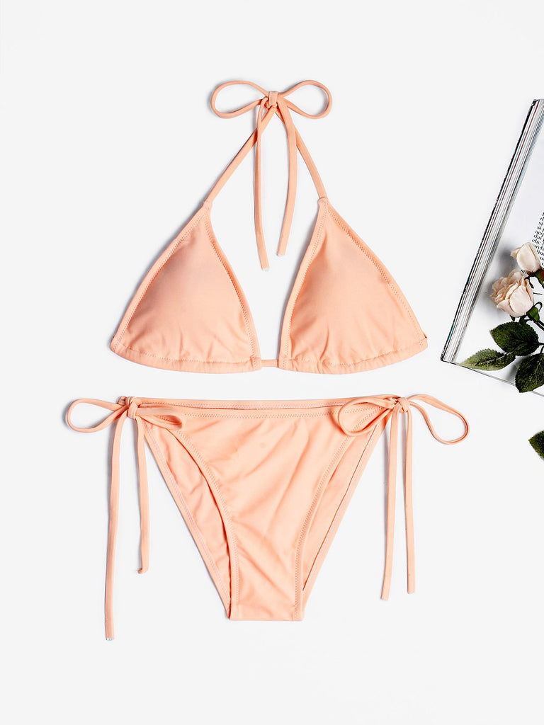 Pink Halter Sleeveless Lace-Up Wireless Bikinis