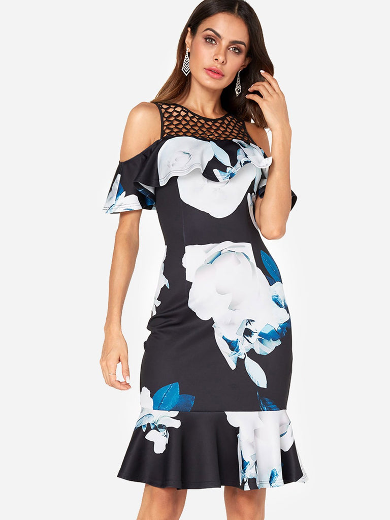 Navy Round Neck Cold Shoulder Floral Print Zip Back Cut Out Flounced Hem Dresses