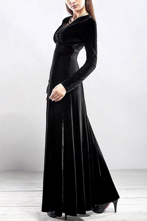 V-Neck Wrap Long Sleeve Black Maxi Dress