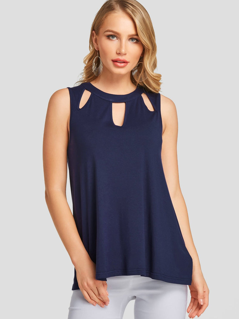 Round Neck Plain Hollow Sleeveless Navy Tank Top