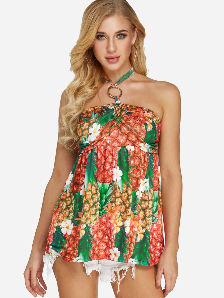 Halter Floral Print Backless Sleeveless Green Camis