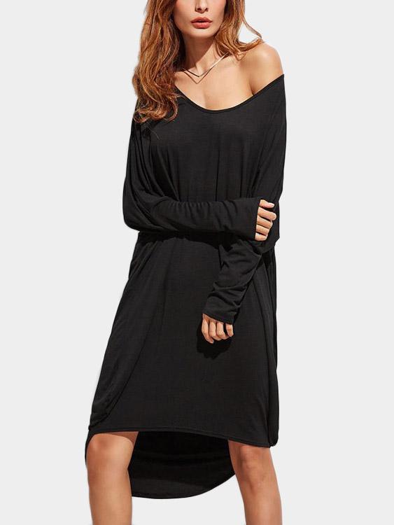 Scoop Neck Plain Long Sleeve Curved Hem Black Casual Dresses