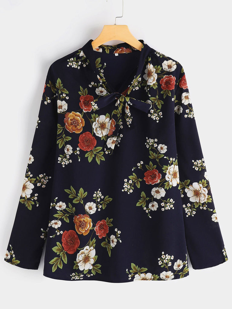 Floral Print Self-Tie Long Sleeve Plus Size Tops