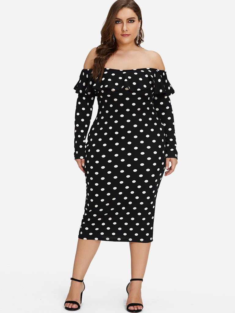 Off The Shoulder Polka Dot Ruffle Trim Long Sleeve Black Plus Size Dress