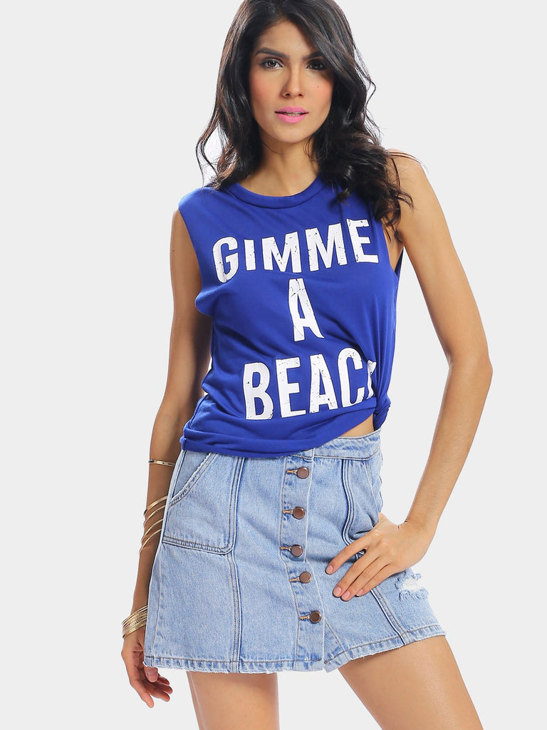 Round Neck Letter Sleeveless Blue T-Shirts