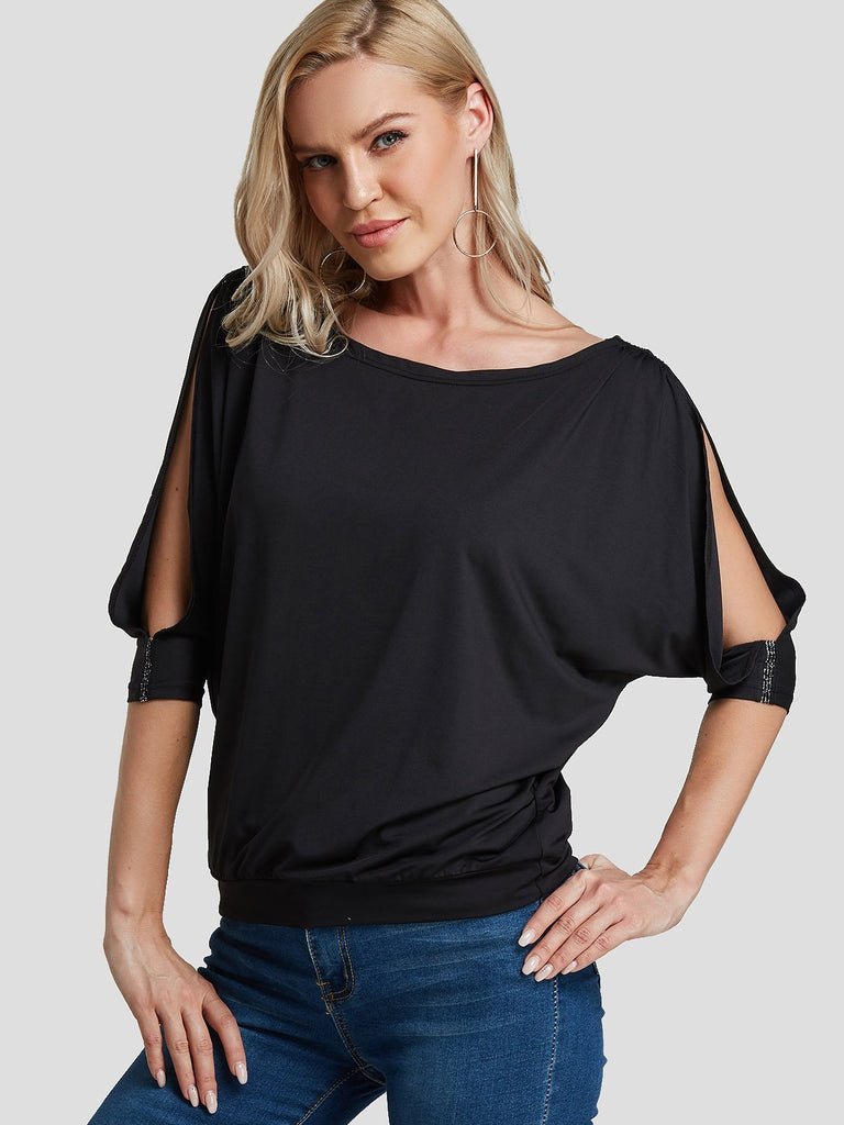 Round Neck Plain Cut Out Half Sleeve Black T-Shirts