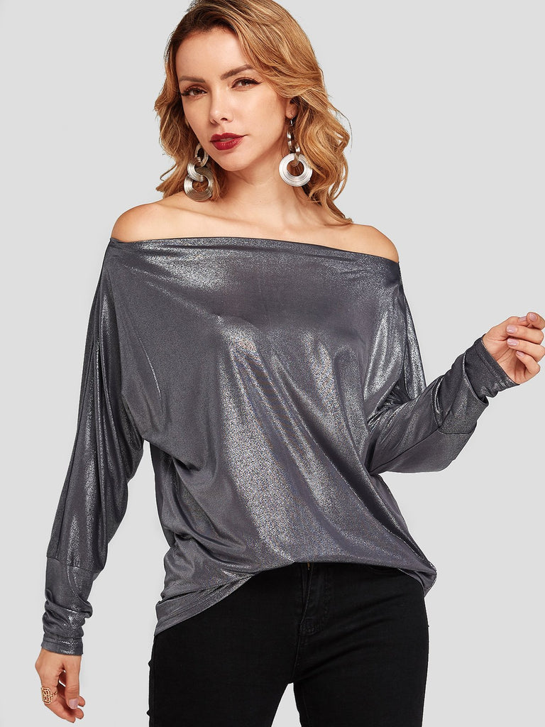 Off The Shoulder Plain Long Sleeve Dark T-Shirts