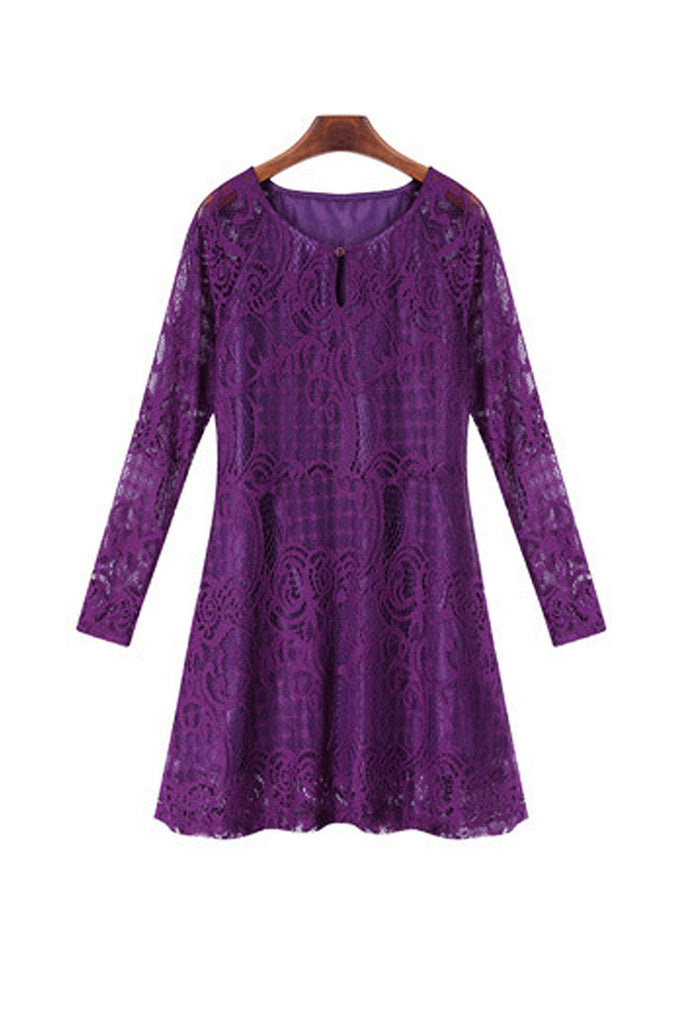 Crew Neck Lace Long Sleeve Purple Plus Size Dresses