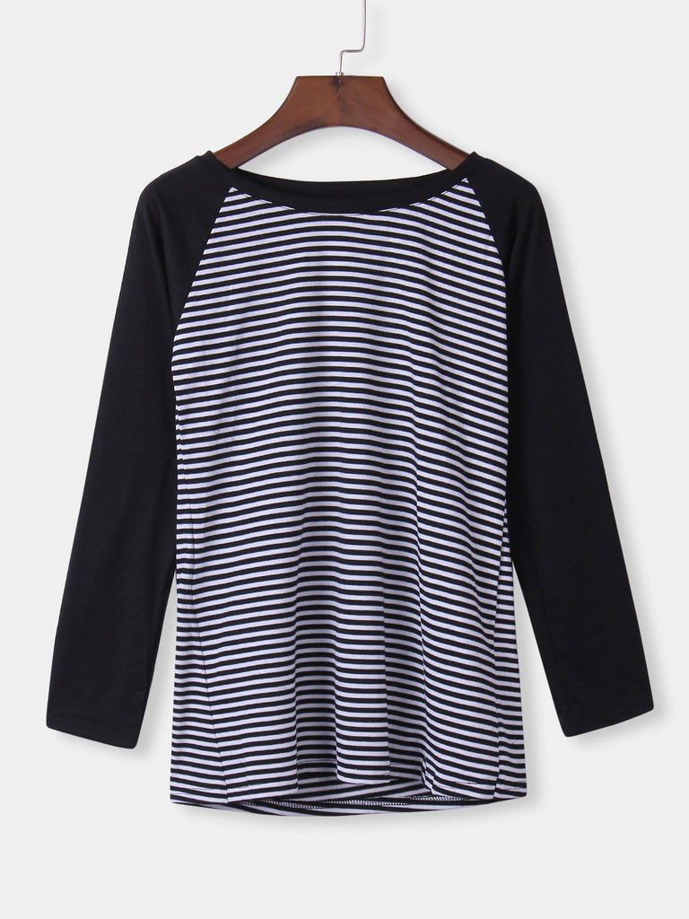 Round Neck Stripe Long Sleeve Curved Hem Black Top