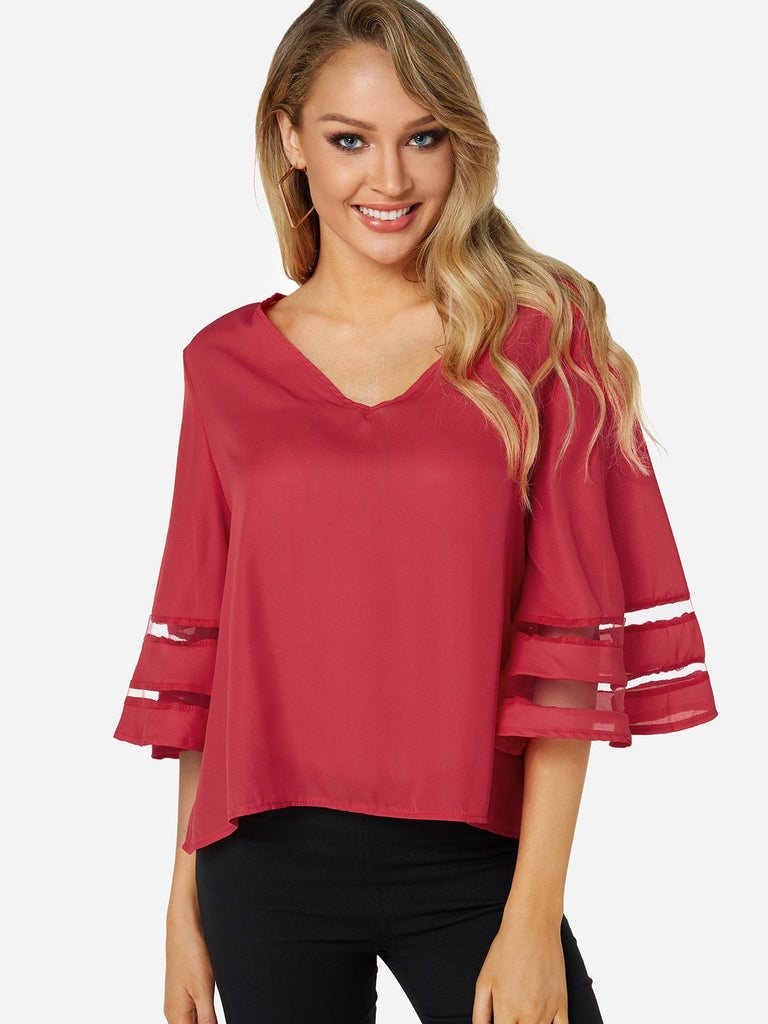 V-Neck Plain 3/4 Sleeve Blouses