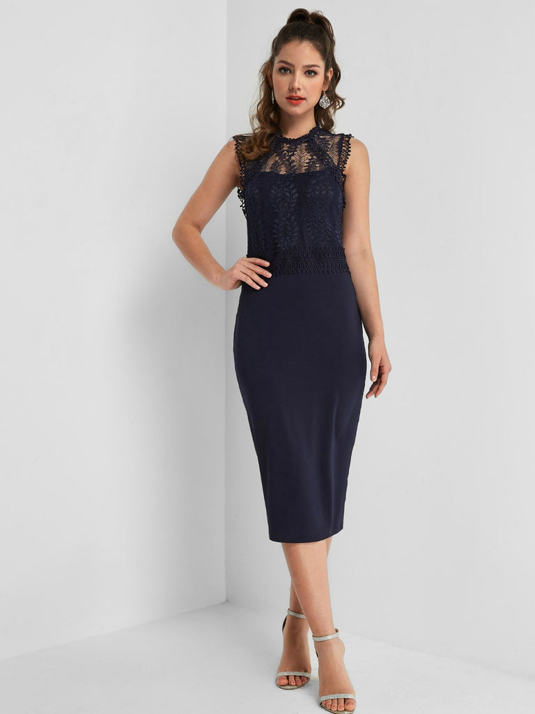 Navy Sleeveless Lace Slit Hem Midi Dress