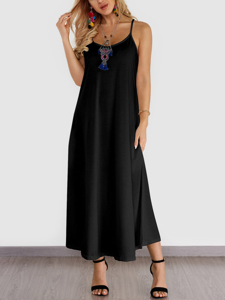 Black Round Neck Off The Shoulder Sleeveless Plain Backless Side Pockets Maxi Dress