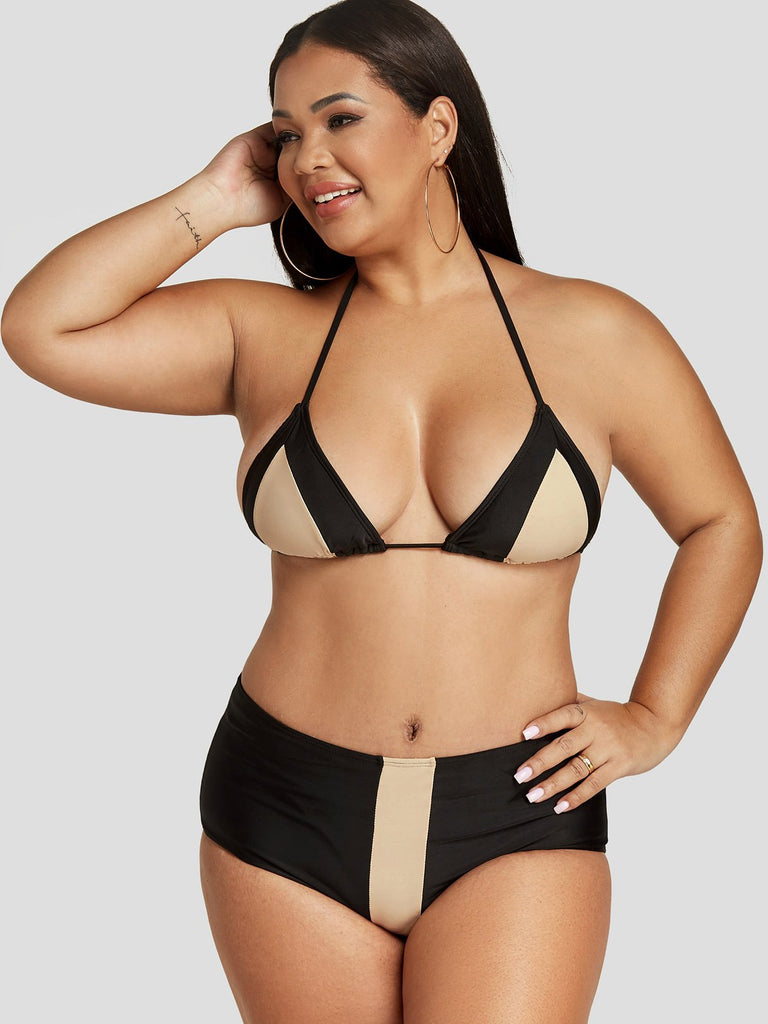 Halter Geometrical Self-Tie Sleeveless Black Plus Size Swimwear