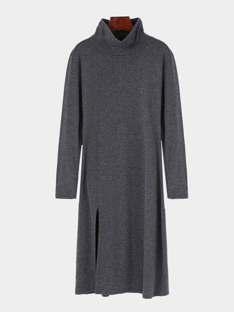 Grey High Neck Long Sleeve Slit Hem Casual Dresses