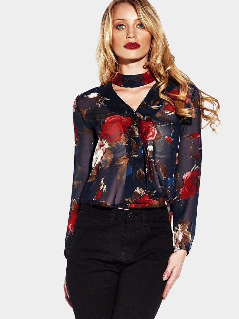 V-Neck Floral Print Long Sleeve Curved Hem Blouses