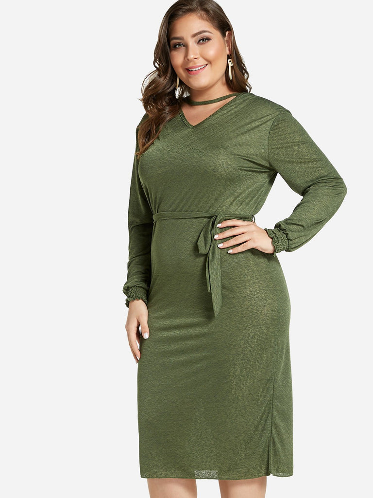 V-Neck Plain Cut Out Long Sleeve Plus Size Dress