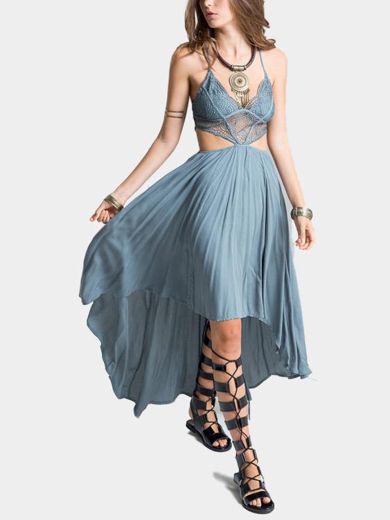 Grey Blue V-Neck Sleeveless Plain Lace Cut Out Irregular Hem Maxi Dress
