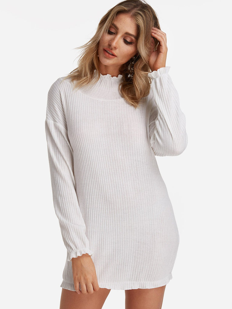 White Long Sleeve Plain Bodycon Hem Mini Dress