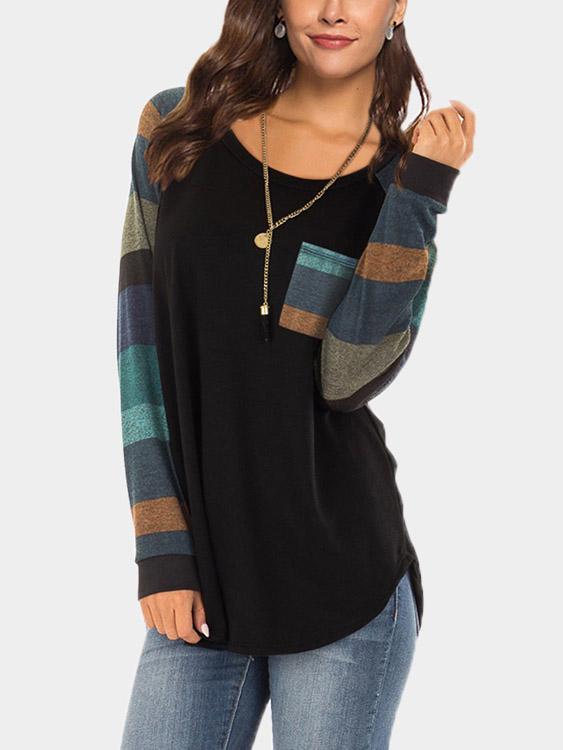 Round Neck Stripe Side Pockets Long Sleeve Curved Hem Black T-Shirts