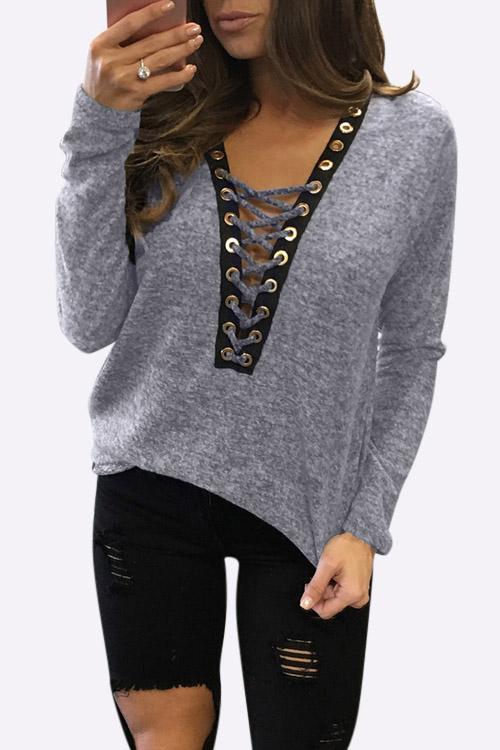 Deep V-Neck Crossed Front Long Sleeve T-Shirts