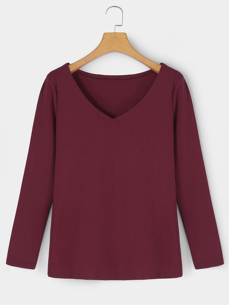 V-Neck Long Sleeve Burgundy T-Shirts