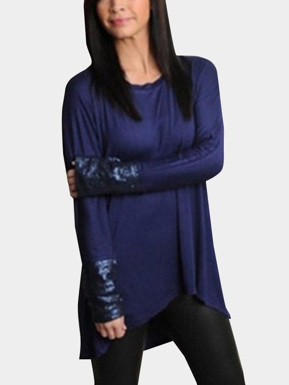 Long Sleeve Cozy Round Neck Irregular Blue T-Shirts