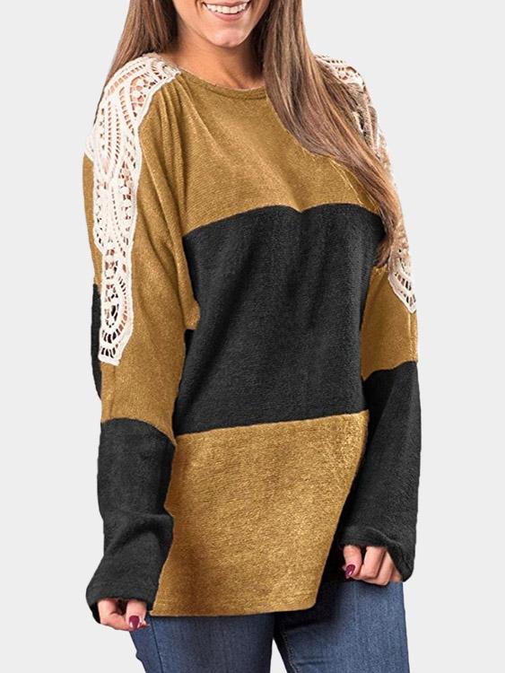 Round Neck Stripe Lace Long Sleeve Black T-Shirts
