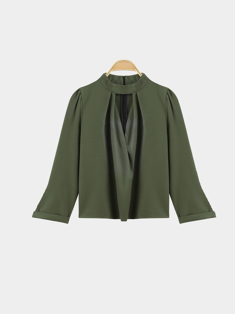 Crew Neck Plain Long Sleeve Army Green Blouses