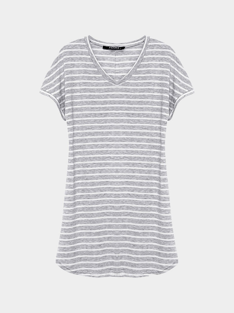 V-Neck Stripe Curved Hem Mini Dress