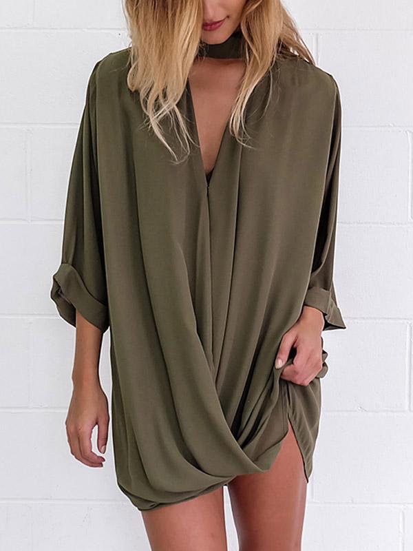 V-Neck Long Sleeve Crossed Front Mini Dress