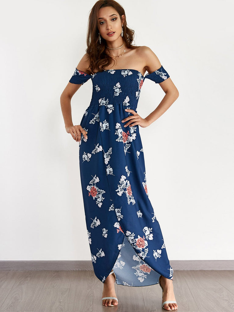 Navy Off The Shoulder Short Sleeve Floral Print Backless Slit Hem Beach Dress