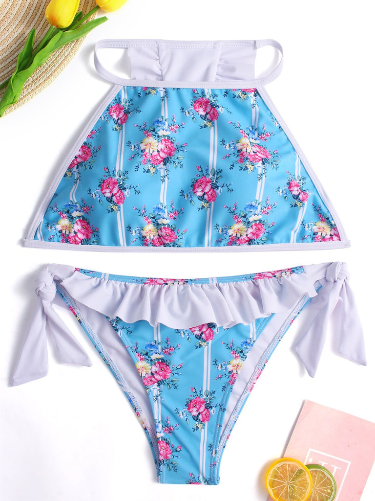 Round Neck Sleeveless Floral Print Tie-Up Ruffle Trim Ruffle Hem Two Piece Bikinis