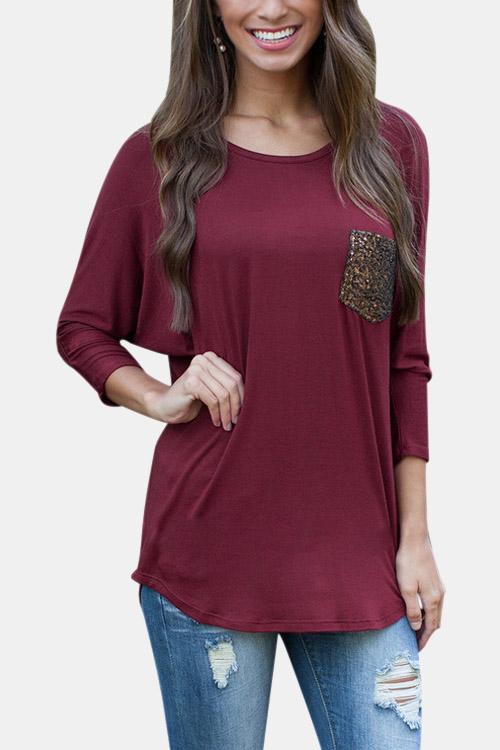 Round Neck 3/4 Sleeve Burgundy T-Shirts