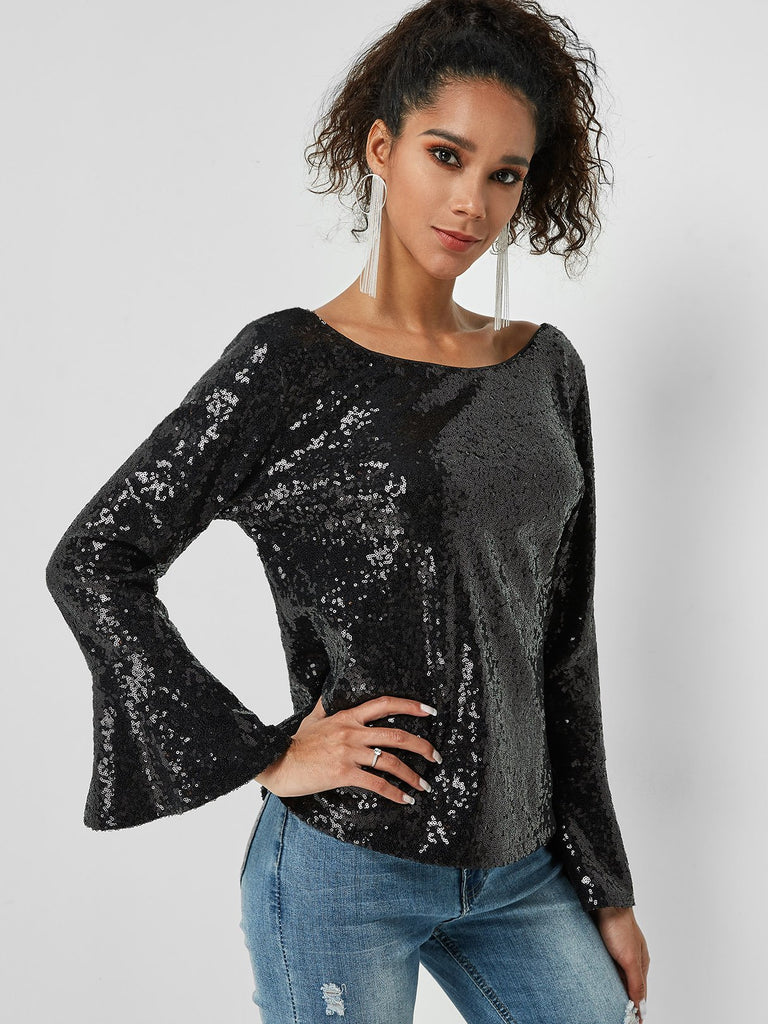 Round Neck Plain Sequins Embellished Long Sleeve Black Top