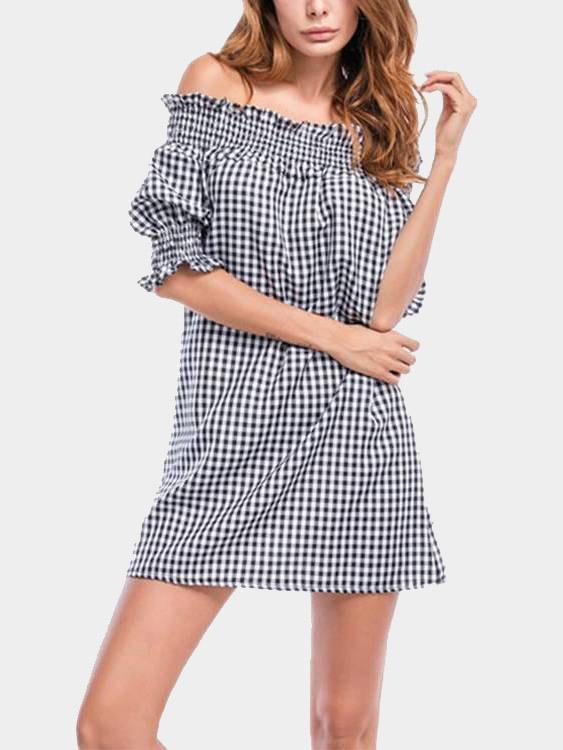 Grid Off The Shoulder Half Sleeve Grid Mini Dress