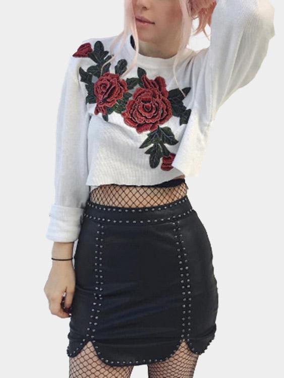 Round Neck Embroidered Long Sleeve White Top