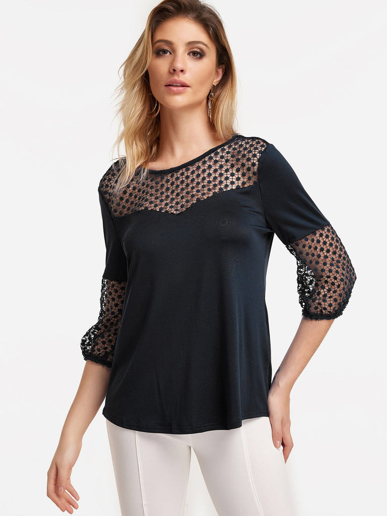 Round Neck Lace Hollow 3/4 Sleeve Black Blouses