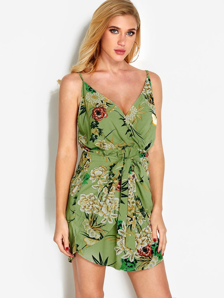 Green V-Neck Sleeveless Floral Print Backless Irregular Hem Dresses