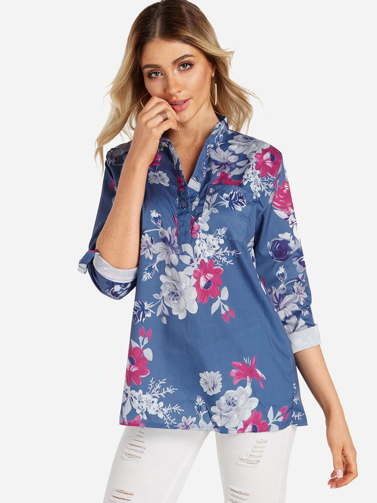 V-Neck Floral Print Side Pockets 3/4 Sleeve Blouses