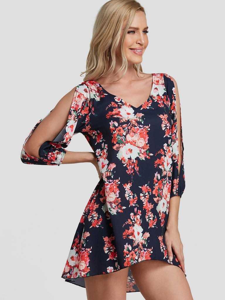 V-Neck Cold Shoulder 3/4 Sleeve Length Floral Print Cut Out High-Low Hem Mini Dress
