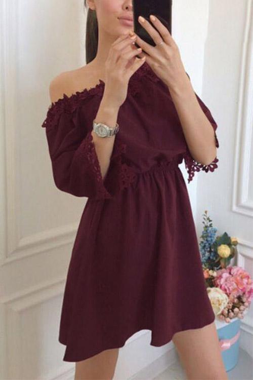 Off The Shoulder Lace Half Sleeve Burgundy Mini Dress