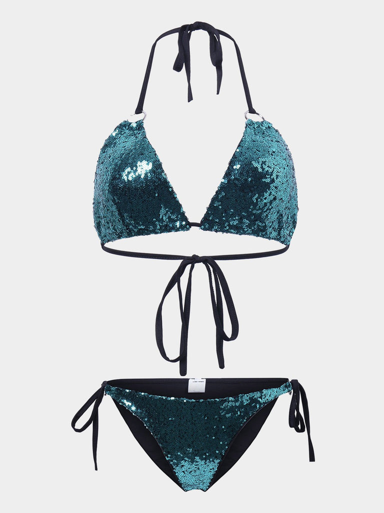 Green V-Neck Sleeveless Sequins Embellished Bikinis