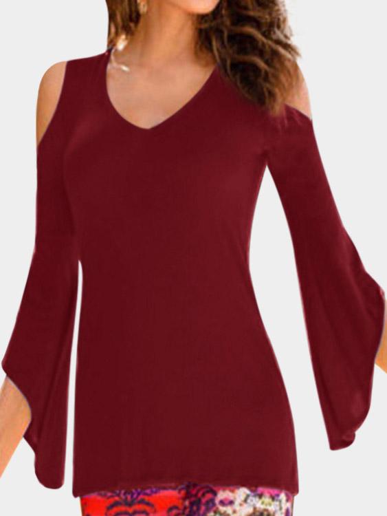 Round Neck Cold Shoulder Plain Long Sleeve T-Shirts
