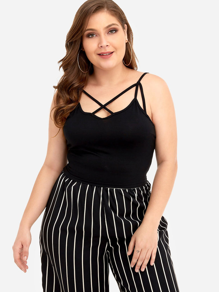 Plain Backless Criss-Cross Sleeveless Black Plus Size Tops